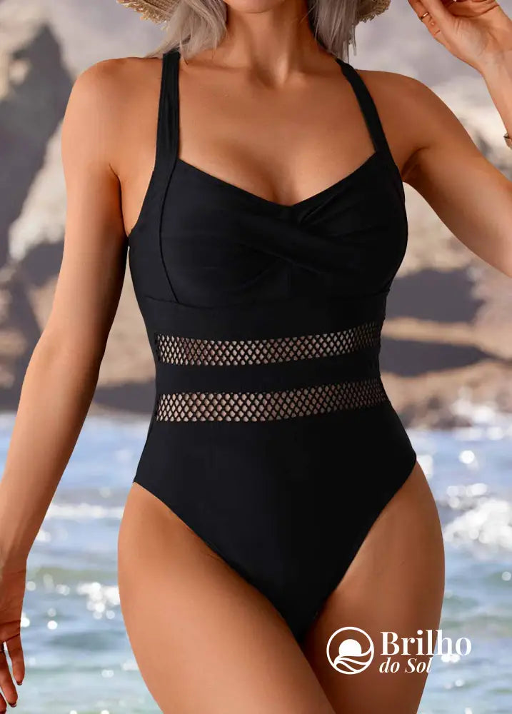 Maiô Com Recortes Em Tela E Bojo Estruturado Confortável Preto / PP Maiô Com Recortes Em Tela E Bojo Estruturado