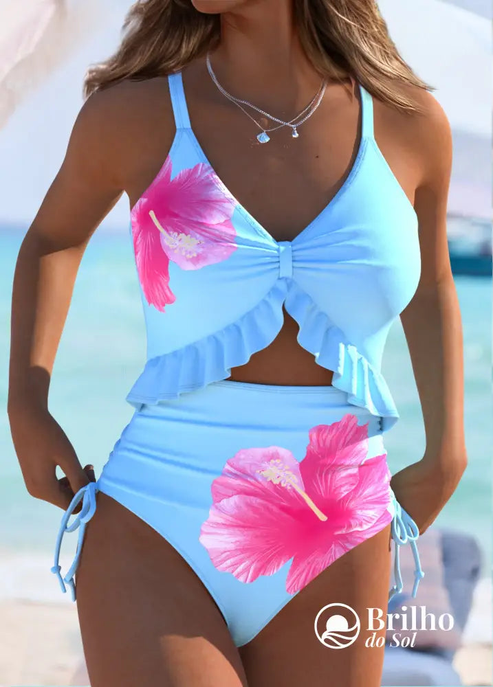 Maiô Floral Com Babado Frontal E Amarração Lateral Azul Claro / PP Maiô Floral Com Babado Frontal E Amarração Lateral