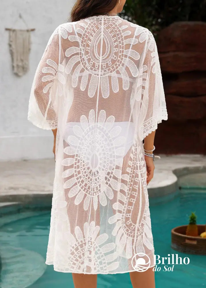 Saída De Praia Longa Rendada Transparente Com Laço Saída De Praia Longa Rendada Transparente Com Laço