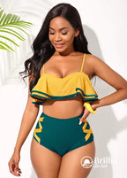 Biquíni Cintura Alta Com Top Babado E Trançado Lateral Amarelo / PP Biquíni Cintura Alta Com Top Babado E Trançado