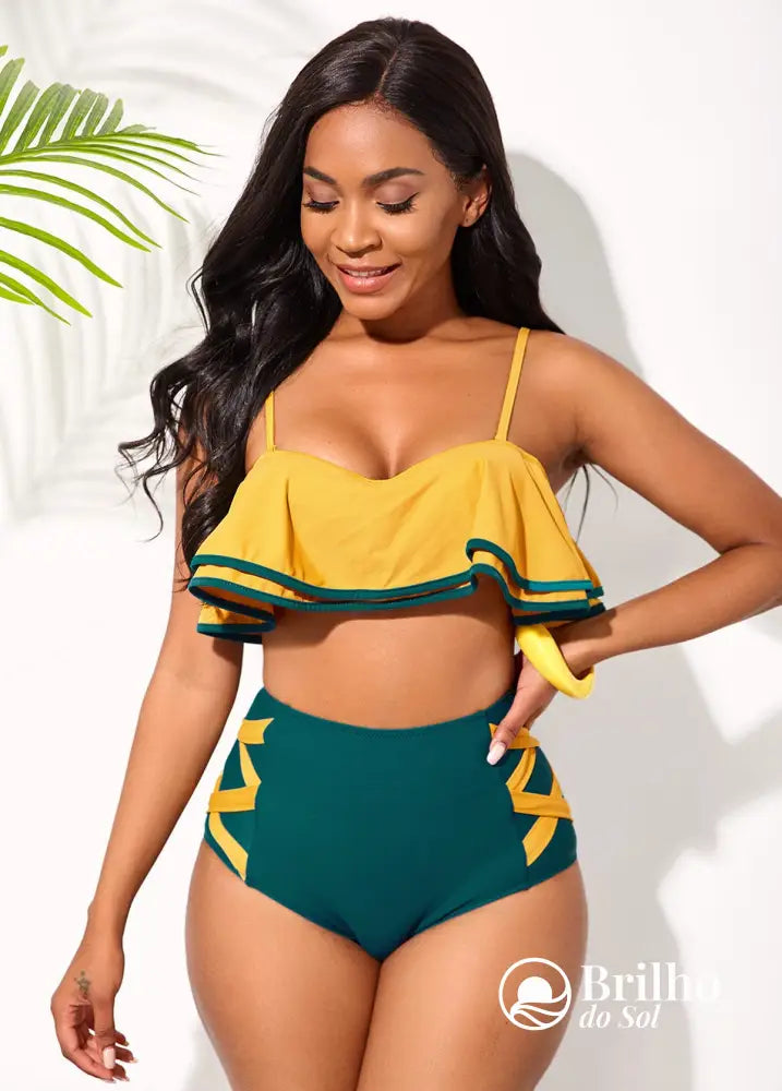 Biquíni Cintura Alta Com Top Babado E Trançado Lateral Amarelo / PP Biquíni Cintura Alta Com Top Babado E Trançado