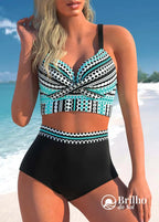 Biquíni Cintura Alta Com Top Longline Estampado Moderno Preto / PP Biquíni Cintura Alta Com Top Longline Estampado