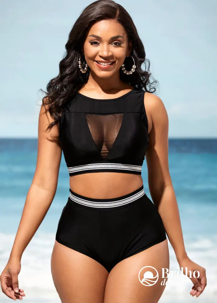 Biquíni Cintura Alta Com Tule Transparente E Detalhe Elástico Preto / PP Biquíni Cintura Alta Com Tule Transparente E