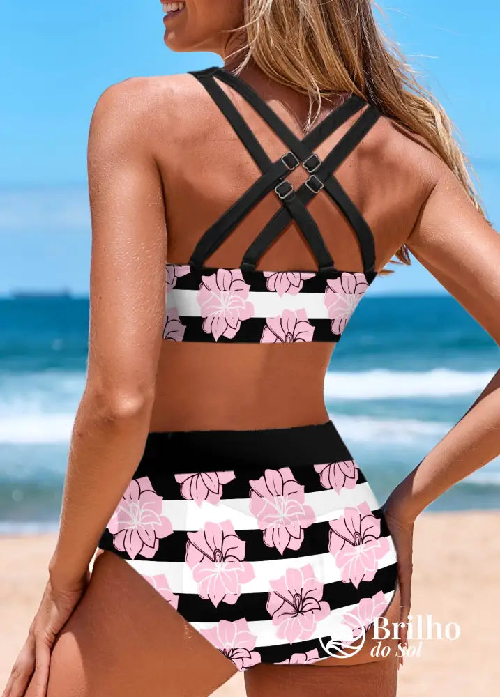 Biquíni Cintura Alta Floral Com Faixa Contrastante E Laço Biquíni Cintura Alta Floral Com Faixa Contrastante E Laço
