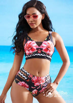 Biquíni Cropped Estampado Com Calcinha Cintura Alta Retrô Preto / PP Biquíni Cropped Estampado Com Calcinha Cintura