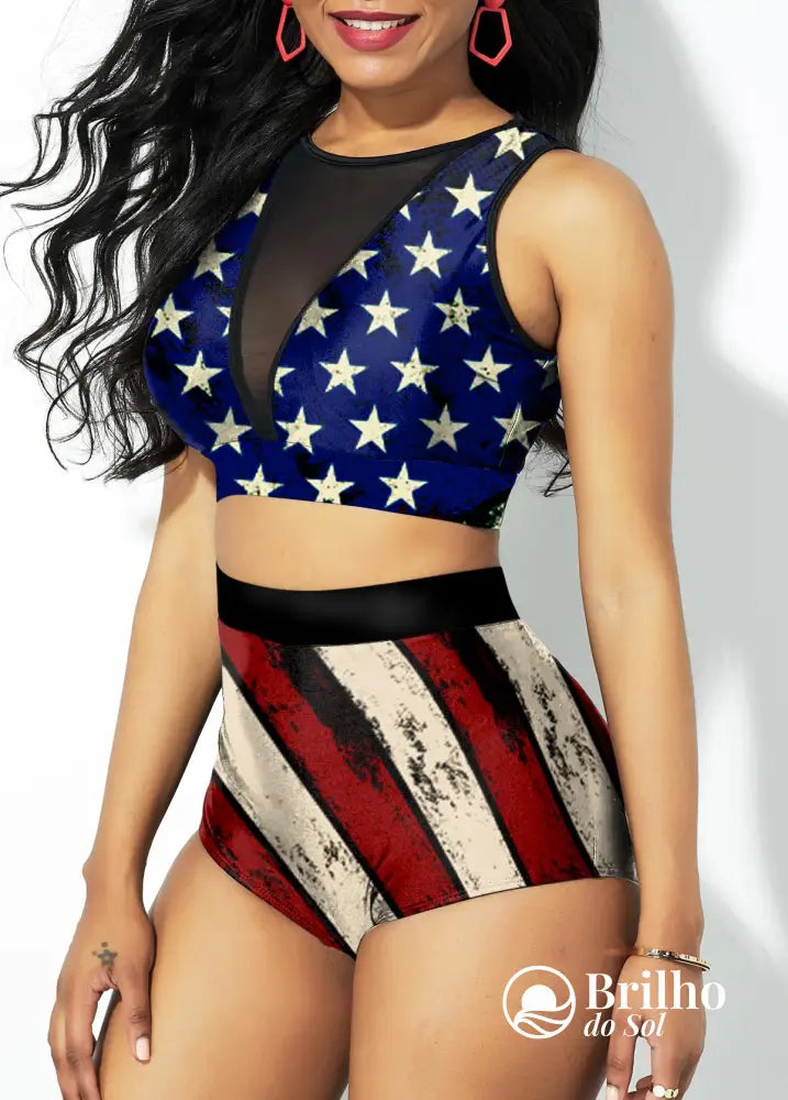 Biquíni Estampado Cintura Alta Com Tule Transparente Estiloso Biquíni Estampado Cintura Alta Com Tule Transparente