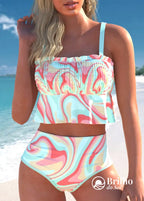 Biquíni Estampado Com Top Babado Franzido E Cintura Alta Multicolorido / PP Biquíni Estampado Com Top Babado Franzido E