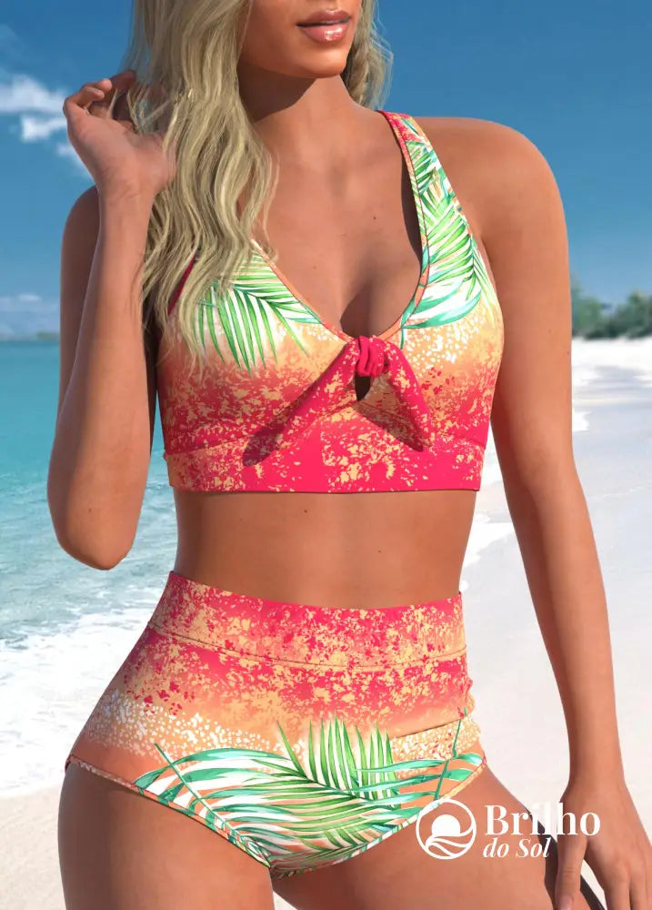 Biquíni Estampado Tropical Cintura Alta Com Laço Frontal Biquíni Estampado Tropical Cintura Alta Com Laço Frontal