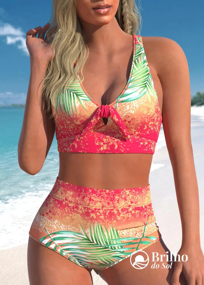 Biquíni Estampado Tropical Cintura Alta Com Laço Frontal Multicolorido / PP Biquíni Estampado Tropical Cintura Alta Com