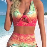 Biquíni Estampado Tropical Cintura Alta Com Laço Frontal