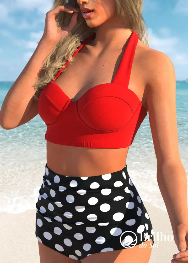 Biquíni Halter Estampado Poá Com Calcinha Cintura Alta Biquíni Halter Estampado Poá Com Calcinha Cintura Alta