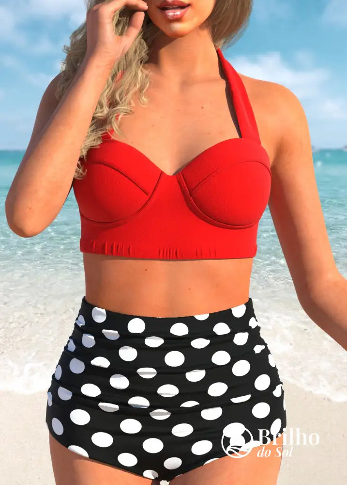 Biquíni Halter Estampado Poá Com Calcinha Cintura Alta Vermelho / PP Biquíni Halter Estampado Poá Com Calcinha Cintura