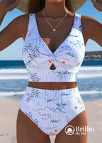 Biquíni Hot Pant Cintura Alta Estampado Com Recorte Azul Claro / PP Biquíni Hot Pant Cintura Alta Estampado Com Recorte