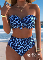 Biquíni Tomara Que Caia Bandeau Floral Com Babados Azul-marinho / PP Biquíni Tomara Que Caia Bandeau Floral Com Babados