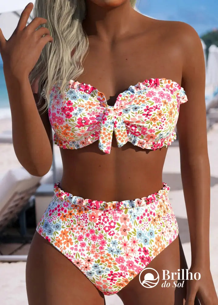 Biquíni Tomara Que Caia Bandeau Floral Com Babados Rosa / PP Biquíni Tomara Que Caia Bandeau Floral Com Babados