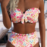 Biquíni Tomara Que Caia Bandeau Floral Com Babados