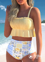 Biquíni Top Babado Texturizado Com Cintura Alta Patchwork Biquíni Top Babado Texturizado Com Cintura Alta Patchwork