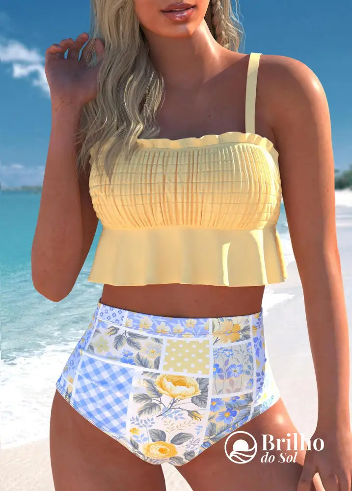 Biquíni Top Babado Texturizado Com Cintura Alta Patchwork Amarelo / PP Biquíni Top Babado Texturizado Com Cintura Alta
