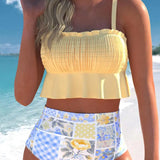 Biquíni Top Babado Texturizado Com Cintura Alta Patchwork