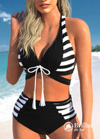 Biquíni Top Cropped Frente Única Com Cintura Alta Listrado Biquíni Top Cropped Frente Única Com Cintura Alta Listrado