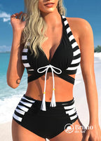 Biquíni Top Cropped Frente Única Com Cintura Alta Listrado Preto e Branco / PP Biquíni Top Cropped Frente Única Com