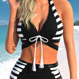 Biquíni Top Cropped Frente Única Com Cintura Alta Listrado