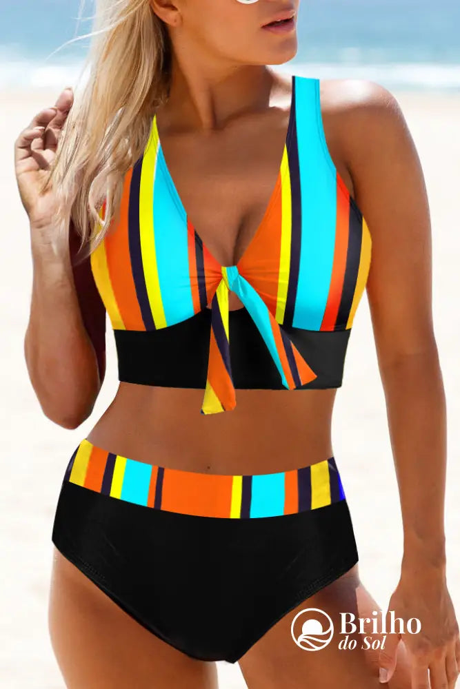Biquíni Top Transpassado Estampado Com Cintura Alta Lisa Multicolorido / PP Biquíni Top Transpassado Estampado Com