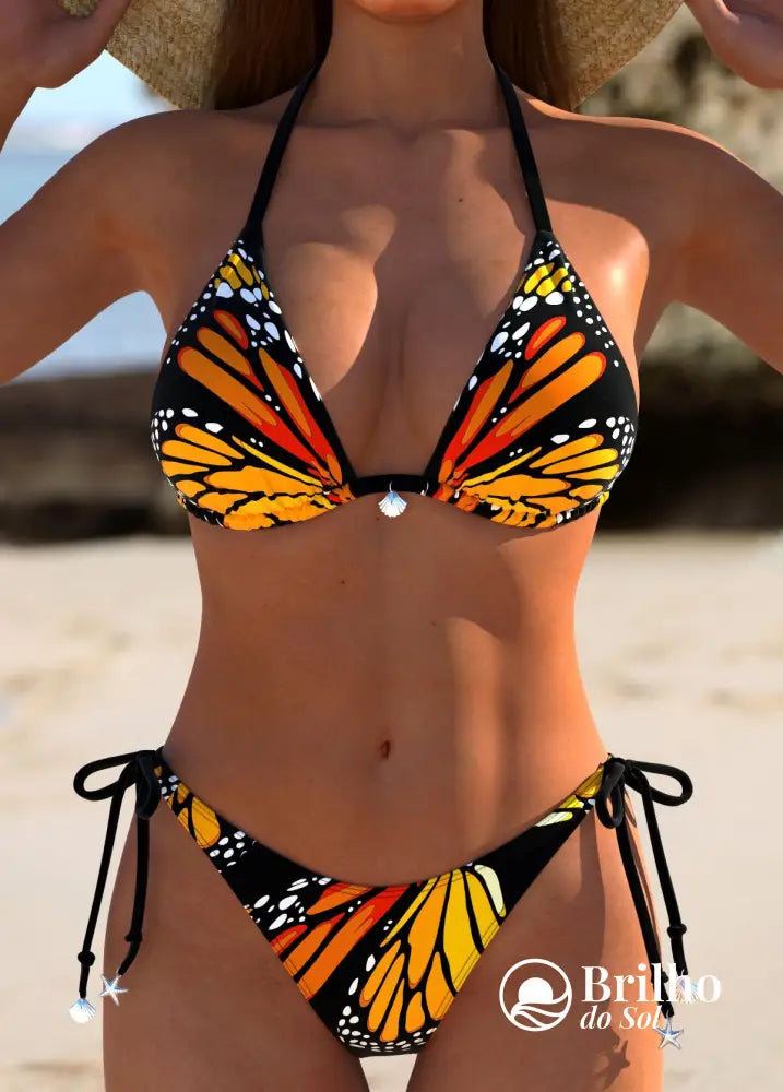 Biquíni Triângulo String Estampado Borboleta Com Amarração Laranja / PP Biquíni Triângulo String Estampado Borboleta