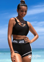 Conjunto Praia Com Top Nadador Com Tiras E Short Lettering Conjunto Praia Com Top Nadador Com Tiras E Short Lettering
