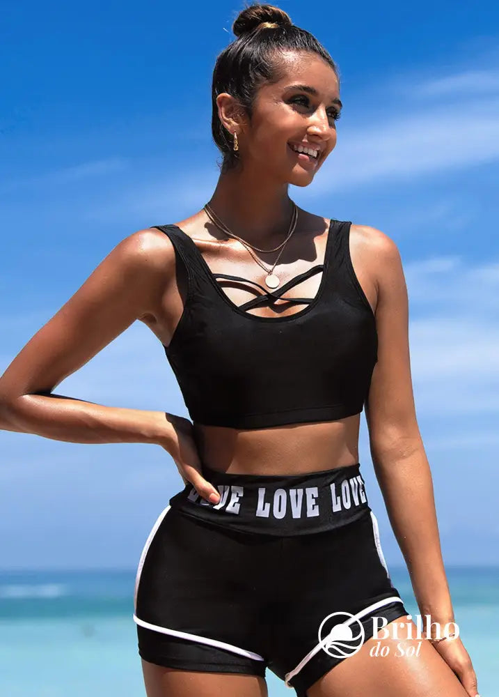Conjunto Praia Com Top Nadador Com Tiras E Short Lettering Preto / PP Conjunto Praia Com Top Nadador Com Tiras E Short