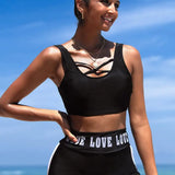 Conjunto Praia Com Top Nadador Com Tiras E Short Lettering