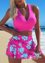 Conjunto Praia Top Decote V Texturizado Com Saia Floral Rosa Choque / PP Conjunto Praia Top Decote V Texturizado Com