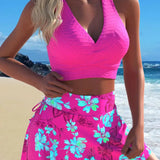 Conjunto Praia Top Decote V Texturizado Com Saia Floral