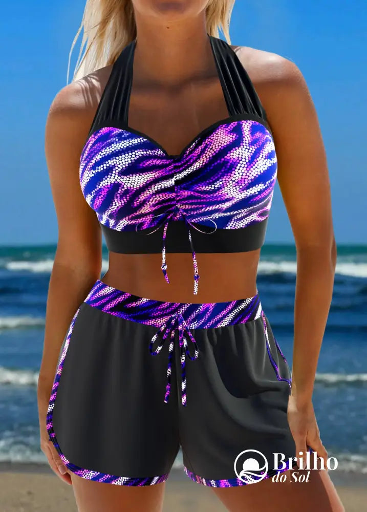 Conjunto Praia Top Drapeado Com Short Estilo Esportivo Roxo / PP Conjunto Praia Top Drapeado Com Short Estilo Esportivo