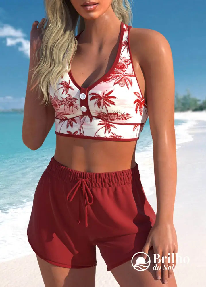 Conjunto Praia Top Estampado Com Botões E Short Esportivo Conjunto Praia Top Estampado Com Botões E Short Esportivo