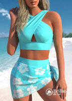Conjunto Praia Top Frente Única Com Saia Pareô Floral Ciano / PP Conjunto Praia Top Frente Única Com Saia Pareô Floral