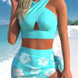 Conjunto Praia Top Frente Única Com Saia Pareô Floral