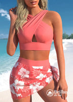 Conjunto Praia Top Frente Única Com Saia Pareô Floral Coral / PP Conjunto Praia Top Frente Única Com Saia Pareô Floral