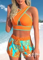 Conjunto Praia Top Frente Única Com Short Estampado Tropical Conjunto Praia Top Frente Única Com Short Estampado