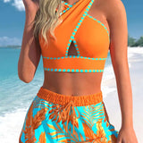 Conjunto Praia Top Frente Única Com Short Estampado Tropical