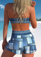 Conjunto Praia Top Halter Decote V Com Short Estilo Jeans Conjunto Praia Top Halter Decote V Com Short Estilo Jeans