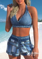Conjunto Praia Top Halter Decote V Com Short Estilo Jeans Conjunto Praia Top Halter Decote V Com Short Estilo Jeans