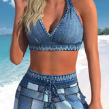 Conjunto Praia Top Halter Decote V Com Short Estilo Jeans