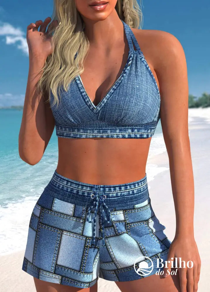Conjunto Praia Top Halter Decote V Com Short Estilo Jeans Azul Denim / PP Conjunto Praia Top Halter Decote V Com Short