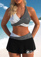 Conjunto Praia Top Halter Transpassado E Saia Com Cós V Preto e Branco / PP Conjunto Praia Top Halter Transpassado E