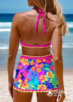 Conjunto Praia Top Triângulo Com Saia Pareô Estampada Tropical Conjunto Praia Top Triângulo Com Saia Pareô Estampada