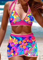 Conjunto Praia Top Triângulo Com Saia Pareô Estampada Tropical Rosa Choque / PP Conjunto Praia Top Triângulo Com Saia