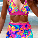 Conjunto Praia Top Triângulo Com Saia Pareô Estampada Tropical