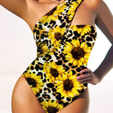 Maiô Assimétrico Um Ombro Só Estampado Girassol Animal Print