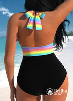 Maiô Cintura Alta Com Top Rainbow Halter Diferenciado Maiô Cintura Alta Com Top Rainbow Halter Diferenciado